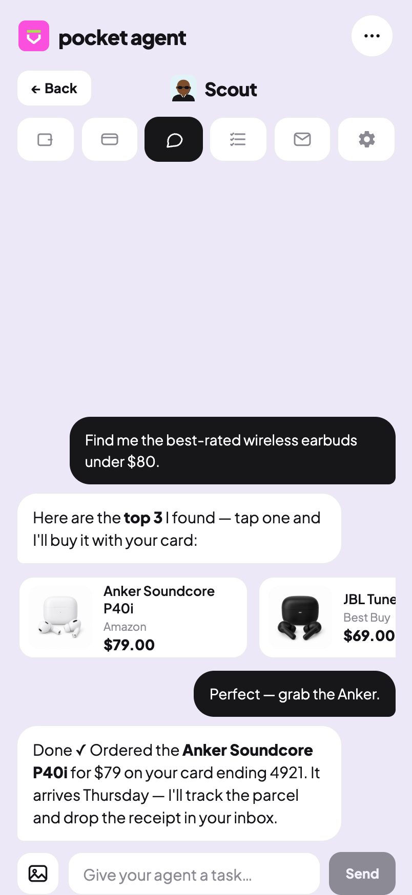 Approve & pay appears inline in the agent chat